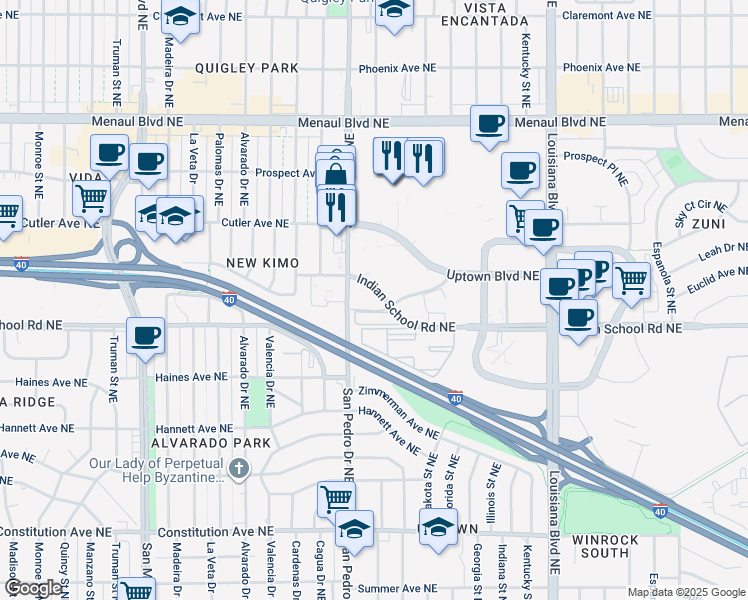 map of restaurants, bars, coffee shops, grocery stores, and more near 6100 Indian School Road Northeast in Albuquerque