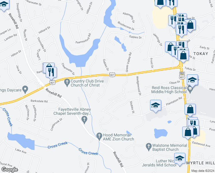map of restaurants, bars, coffee shops, grocery stores, and more near 3324 Gables Drive in Fayetteville