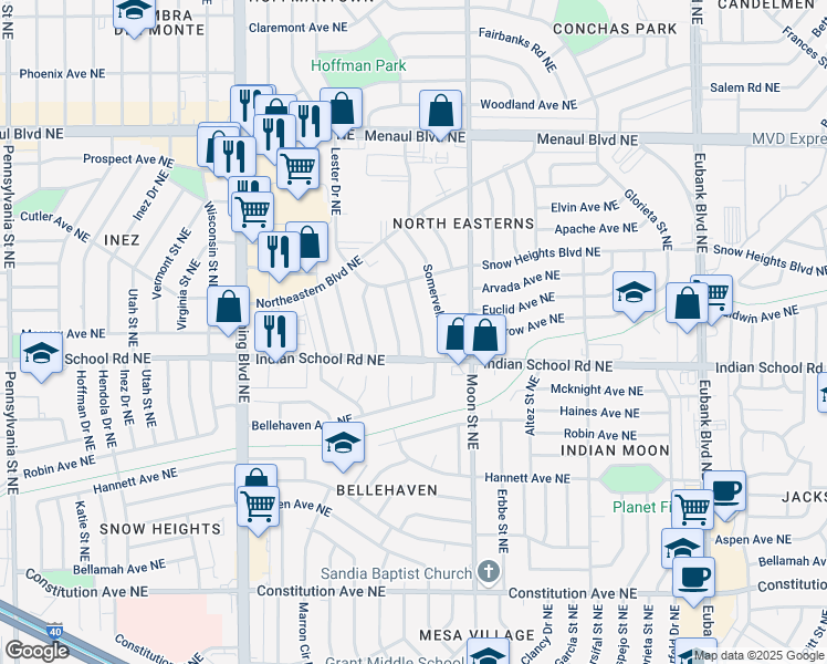 map of restaurants, bars, coffee shops, grocery stores, and more near 1816 Saint Street Northeast in Albuquerque