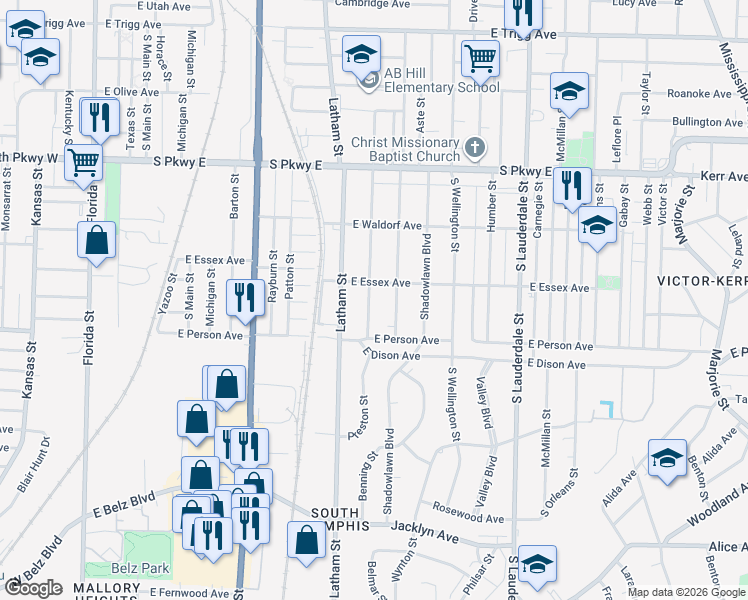 map of restaurants, bars, coffee shops, grocery stores, and more near 1619 Preston Street in Memphis