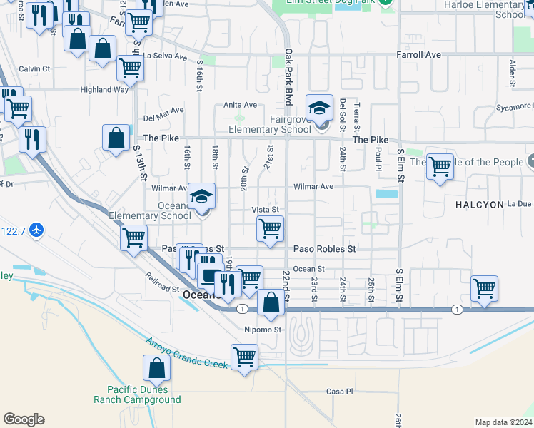 map of restaurants, bars, coffee shops, grocery stores, and more near 2136 Vista Street in Oceano