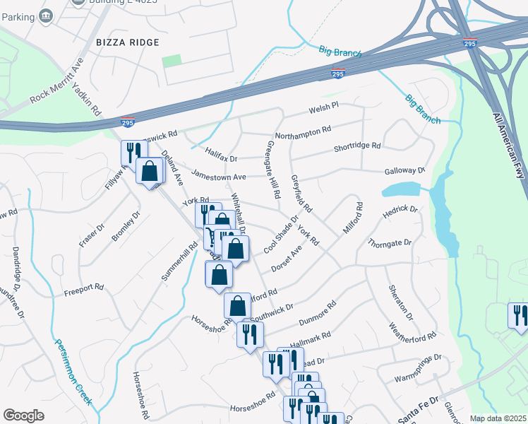 map of restaurants, bars, coffee shops, grocery stores, and more near 508 York Road in Fayetteville