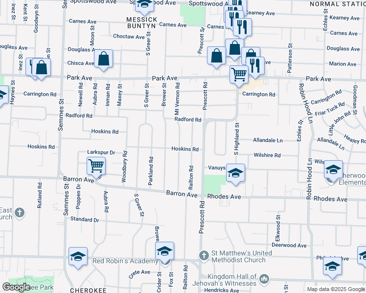 map of restaurants, bars, coffee shops, grocery stores, and more near 1053 Railton Road in Memphis