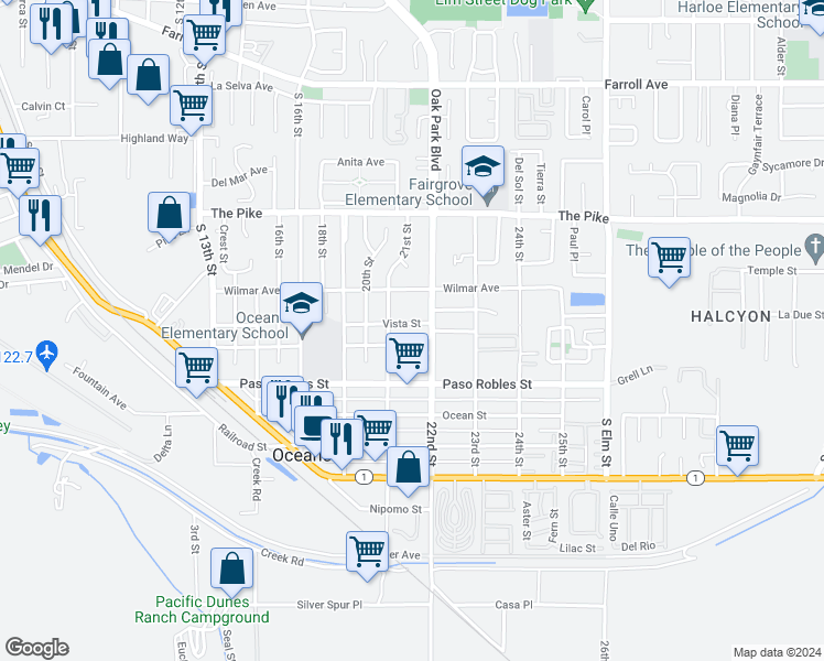 map of restaurants, bars, coffee shops, grocery stores, and more near 2160 Vista Street in Oceano