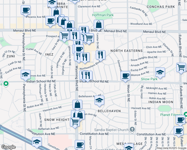 map of restaurants, bars, coffee shops, grocery stores, and more near 1823 Luthy Drive Northeast in Albuquerque