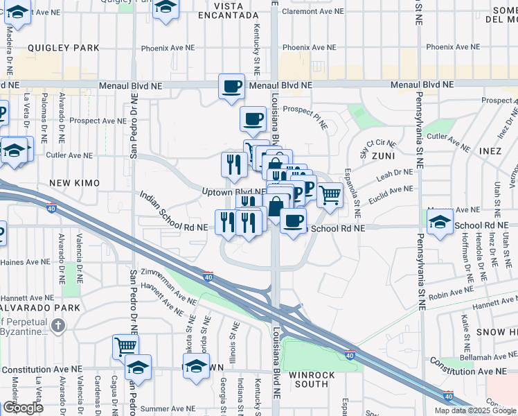 map of restaurants, bars, coffee shops, grocery stores, and more near 2256-2298 Indiana Street Northeast in Albuquerque