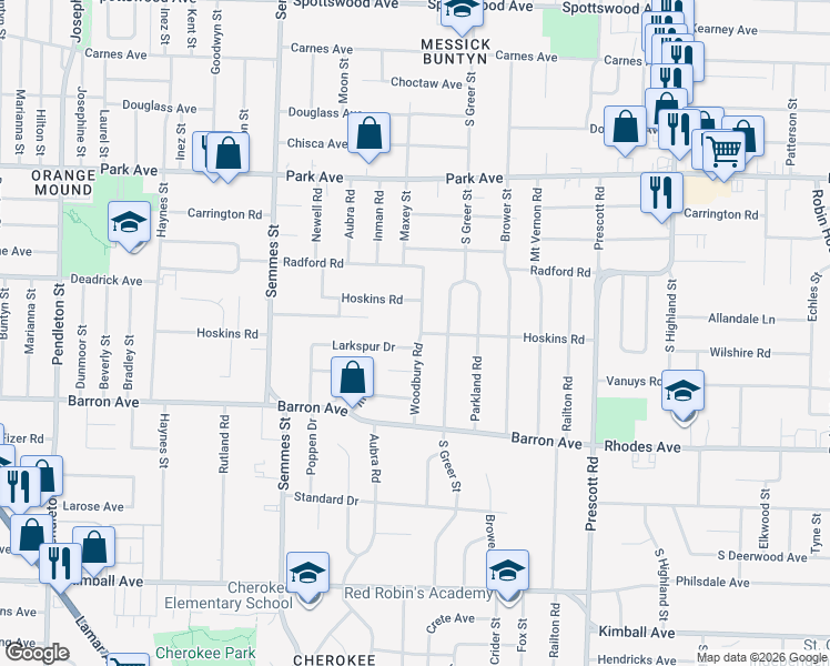 map of restaurants, bars, coffee shops, grocery stores, and more near 3186 Larkspur Drive in Memphis