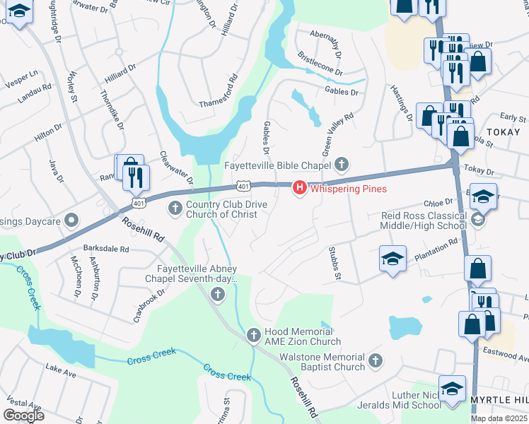 map of restaurants, bars, coffee shops, grocery stores, and more near 629 Gable Court in Fayetteville