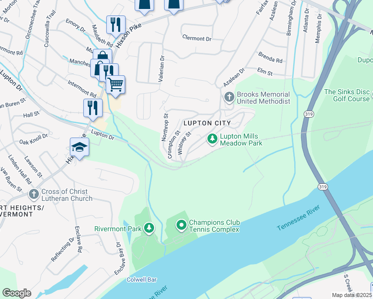 map of restaurants, bars, coffee shops, grocery stores, and more near 1251 Mercer Street in Chattanooga