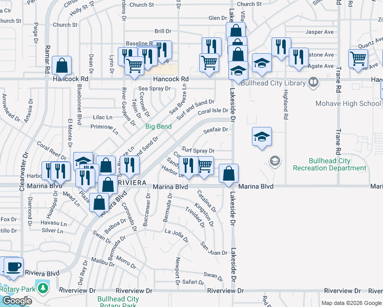 map of restaurants, bars, coffee shops, grocery stores, and more near 916 Surf Spray Drive in Bullhead City
