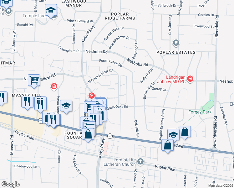 map of restaurants, bars, coffee shops, grocery stores, and more near 6787 Quail Hollow Court in Memphis