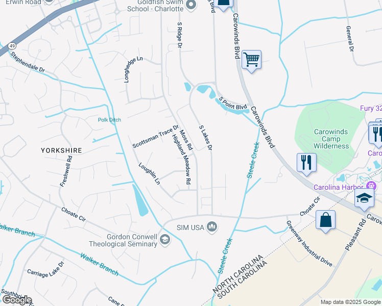 map of restaurants, bars, coffee shops, grocery stores, and more near 14040 Moss Road in Charlotte