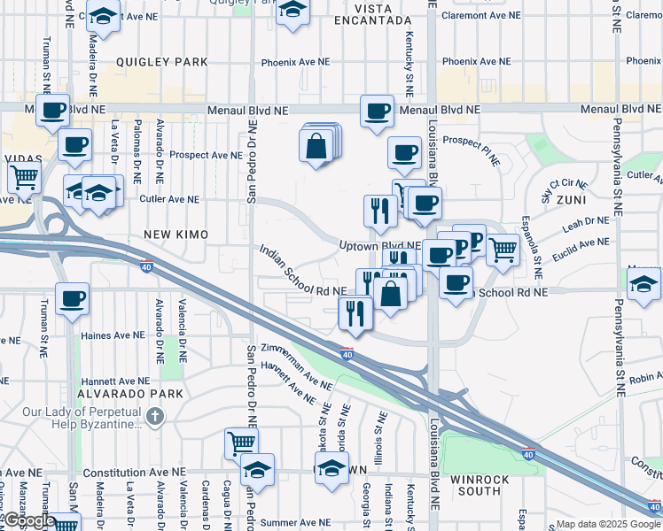 map of restaurants, bars, coffee shops, grocery stores, and more near 6303 Indian School Road Northeast in Albuquerque
