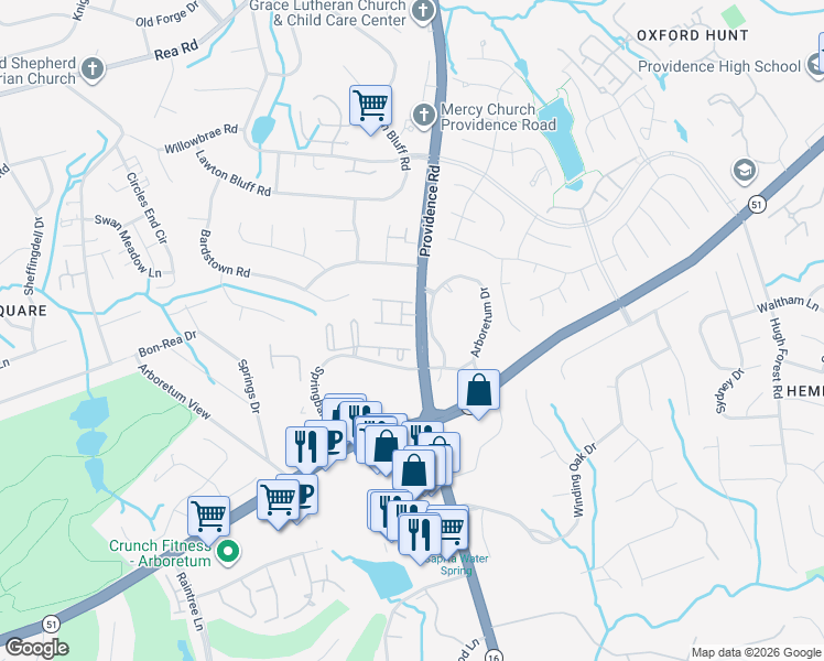 map of restaurants, bars, coffee shops, grocery stores, and more near 7554 Bluestar Lane in Charlotte