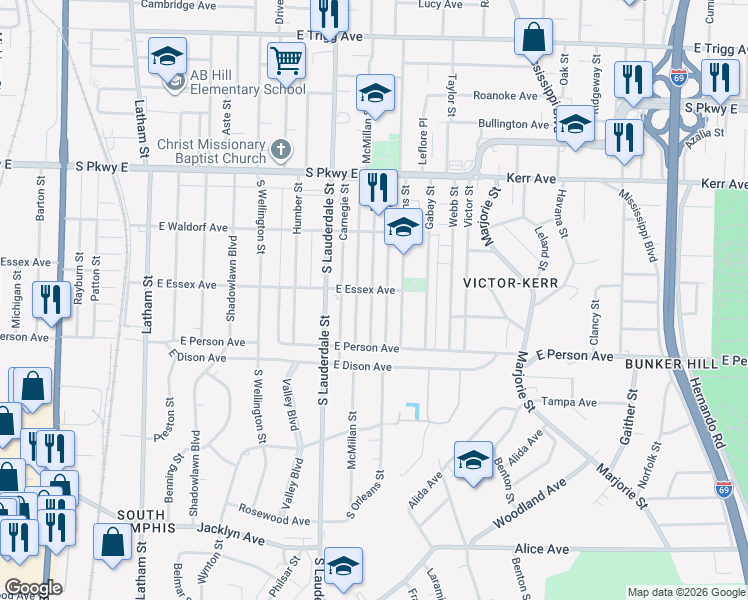 map of restaurants, bars, coffee shops, grocery stores, and more near 1618 Ely Street in Memphis