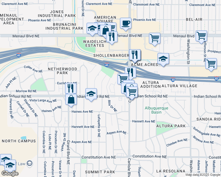 map of restaurants, bars, coffee shops, grocery stores, and more near 1717 Indian Plaza Drive Northeast in Albuquerque
