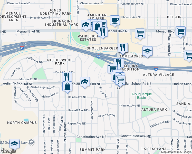 map of restaurants, bars, coffee shops, grocery stores, and more near 1718 Notre Dame Drive Northeast in Albuquerque