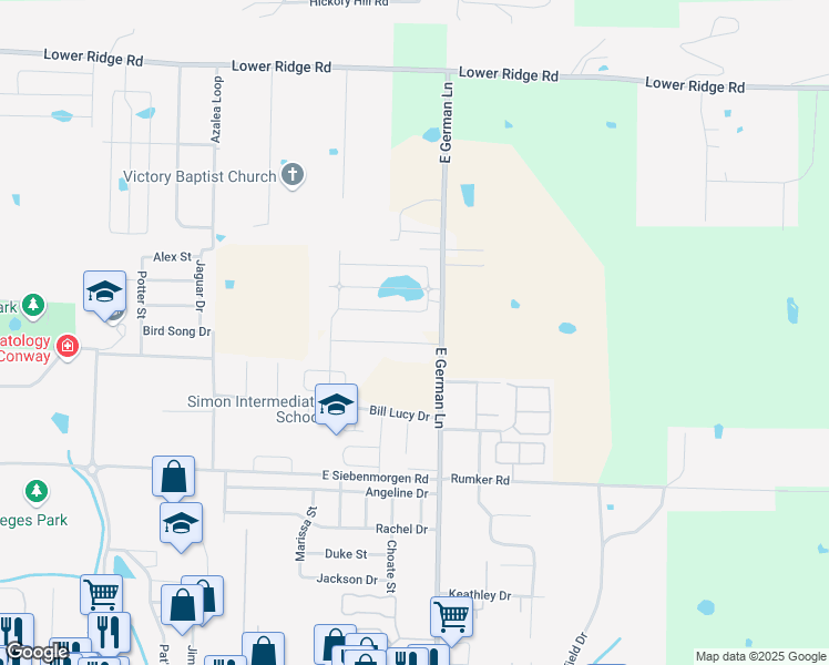 map of restaurants, bars, coffee shops, grocery stores, and more near 1850 Wills Drive in Conway