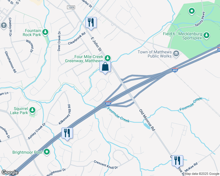map of restaurants, bars, coffee shops, grocery stores, and more near 7903 Council Place in Matthews