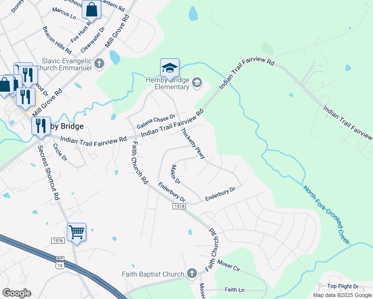 map of restaurants, bars, coffee shops, grocery stores, and more near 1005 Enderbury Drive in Indian Trail