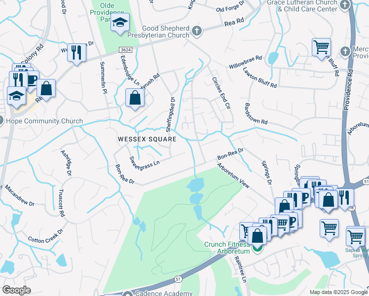 map of restaurants, bars, coffee shops, grocery stores, and more near 3606 Sweetgrass Lane in Charlotte