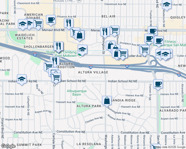 map of restaurants, bars, coffee shops, grocery stores, and more near 4252 Altura Vista Ln NE in Albuquerque