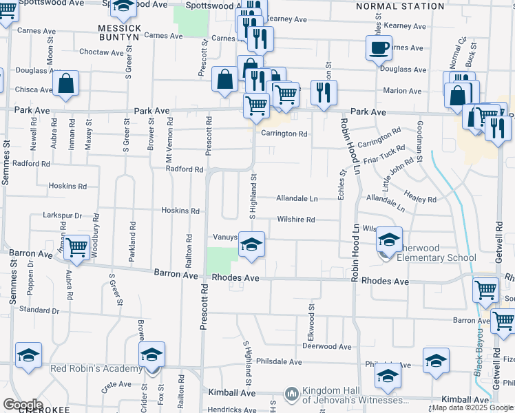 map of restaurants, bars, coffee shops, grocery stores, and more near 1040 South Highland Street in Memphis