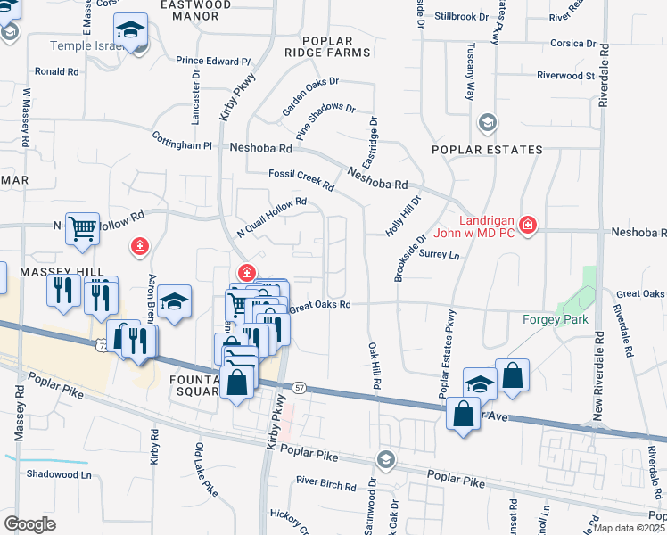 map of restaurants, bars, coffee shops, grocery stores, and more near 1690 Hunters Trace Drive in Memphis
