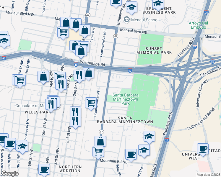 map of restaurants, bars, coffee shops, grocery stores, and more near 1880 Broadway Boulevard Northeast in Albuquerque
