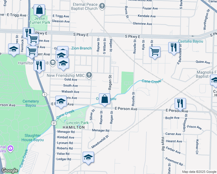 map of restaurants, bars, coffee shops, grocery stores, and more near 1579 Ragan Street in Memphis