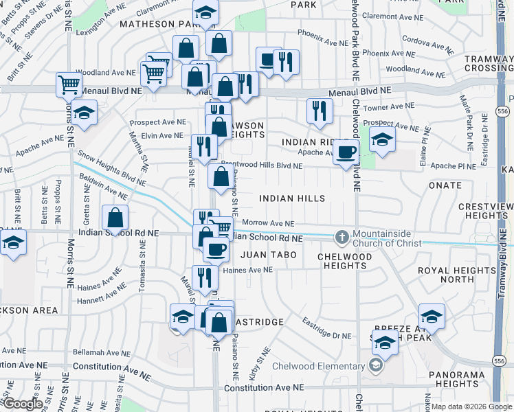 map of restaurants, bars, coffee shops, grocery stores, and more near 1816 Kirby Court Northeast in Albuquerque