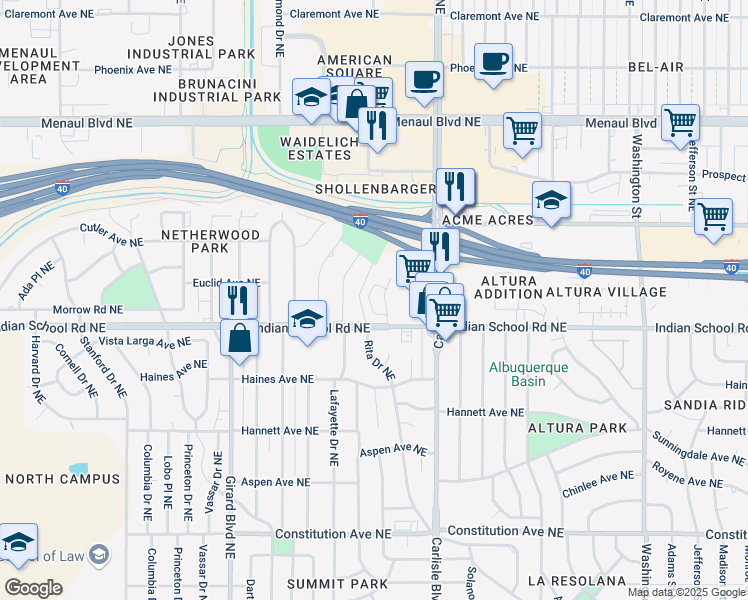 map of restaurants, bars, coffee shops, grocery stores, and more near 1717 Indian Plaza Drive Northeast in Albuquerque
