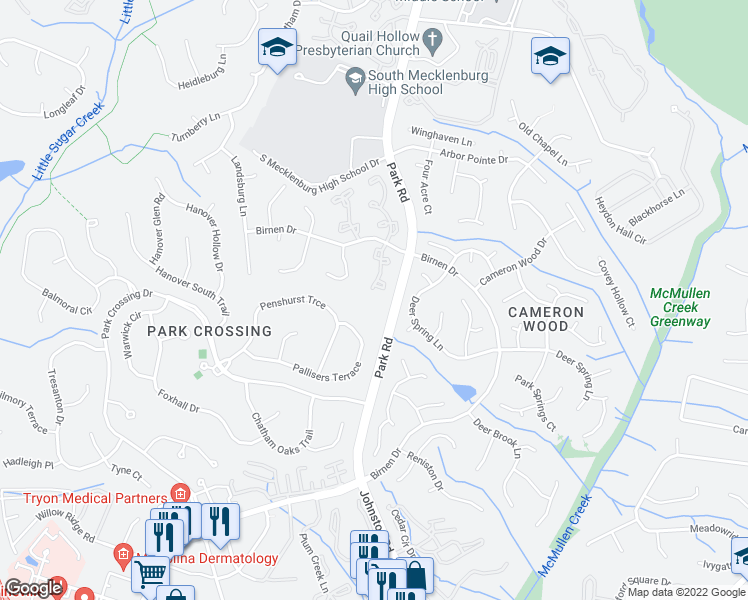 map of restaurants, bars, coffee shops, grocery stores, and more near 9445 South Vicksburg Park Court in Charlotte