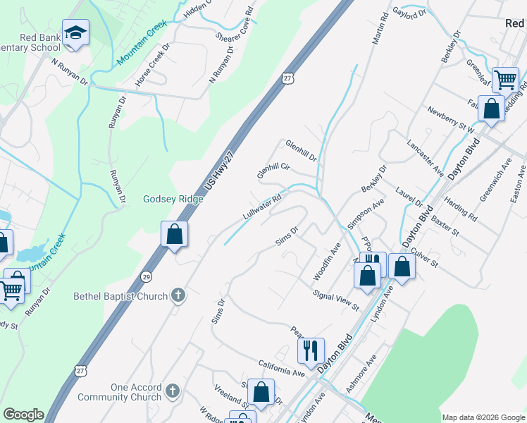 map of restaurants, bars, coffee shops, grocery stores, and more near 1025 Lullwater Road in Chattanooga