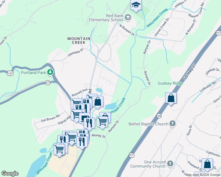 map of restaurants, bars, coffee shops, grocery stores, and more near 900 Mountain Creek Road in Chattanooga