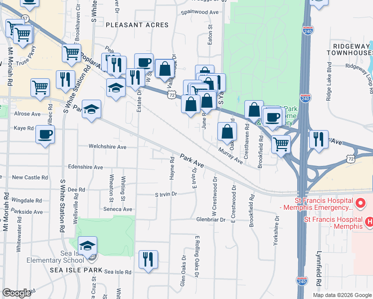 map of restaurants, bars, coffee shops, grocery stores, and more near 1052 Park Court Drive in Memphis