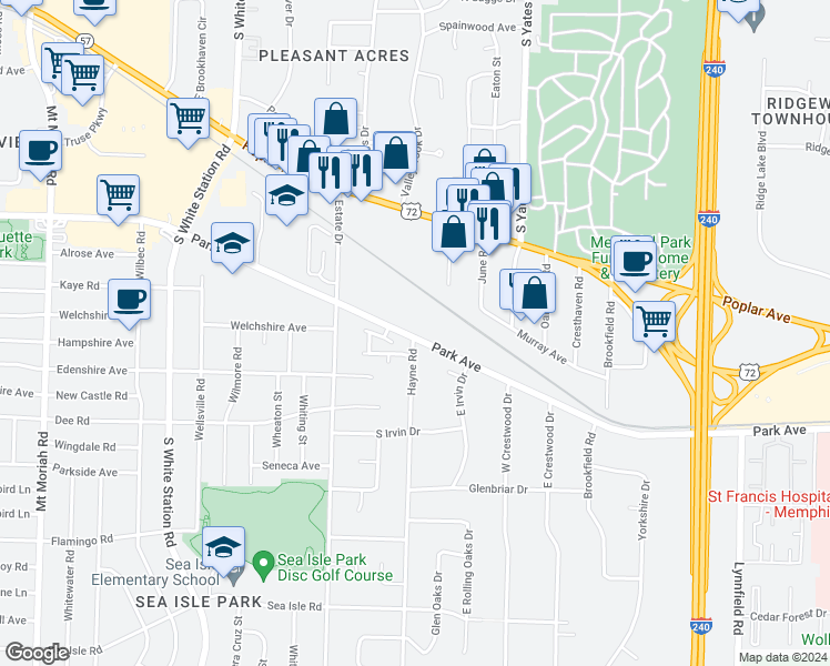 map of restaurants, bars, coffee shops, grocery stores, and more near 5397 Park Avenue in Memphis