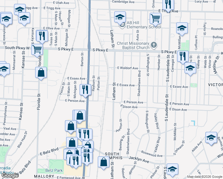 map of restaurants, bars, coffee shops, grocery stores, and more near 1624 Grimes Street in Memphis