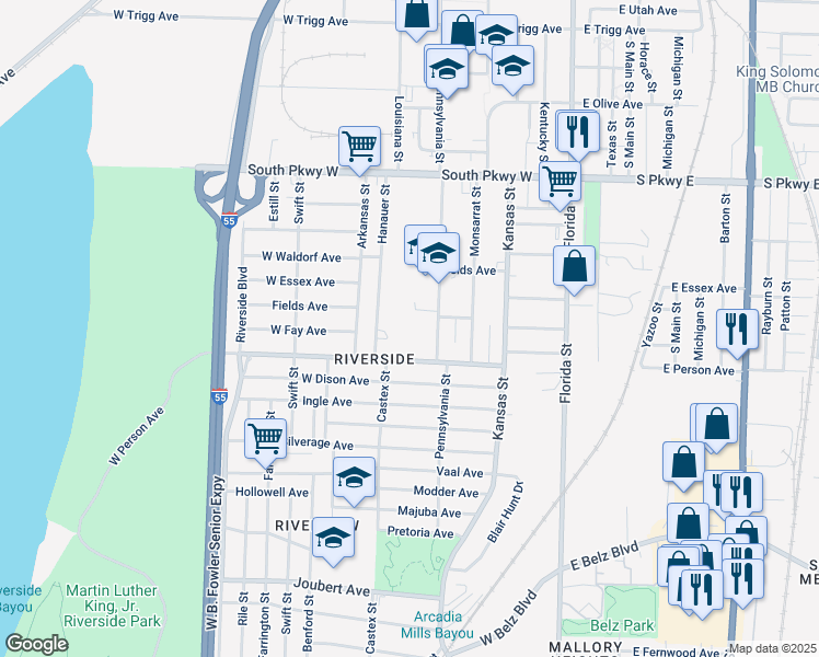 map of restaurants, bars, coffee shops, grocery stores, and more near 160 West Person Avenue in Memphis