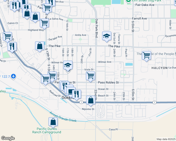 map of restaurants, bars, coffee shops, grocery stores, and more near 2100 Vista Street in Oceano