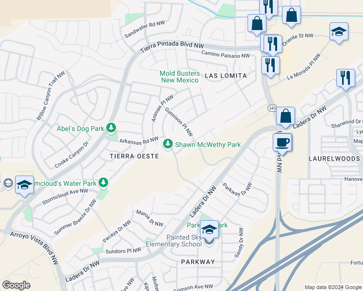 map of restaurants, bars, coffee shops, grocery stores, and more near 1323 Casa Florida Place Northwest in Albuquerque