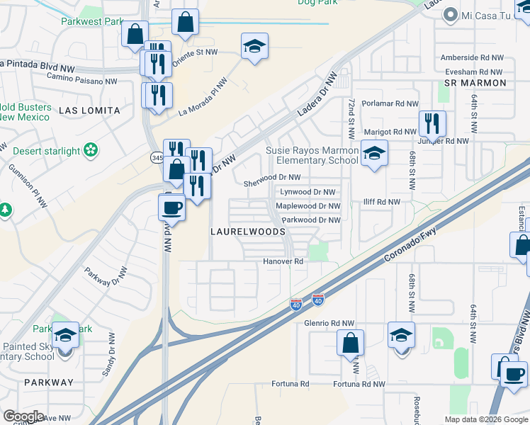 map of restaurants, bars, coffee shops, grocery stores, and more near 7700 Pinewood Drive Northwest in Albuquerque