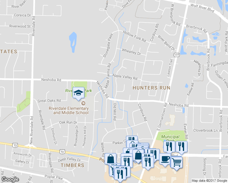 map of restaurants, bars, coffee shops, grocery stores, and more near 1695 Old Mill Road in Germantown