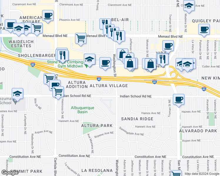 map of restaurants, bars, coffee shops, grocery stores, and more near 2119 Altura Azul Lane Northeast in Albuquerque