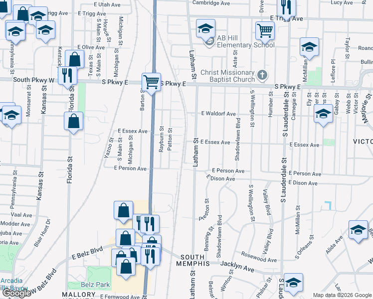 map of restaurants, bars, coffee shops, grocery stores, and more near 1624 Grimes Street in Memphis