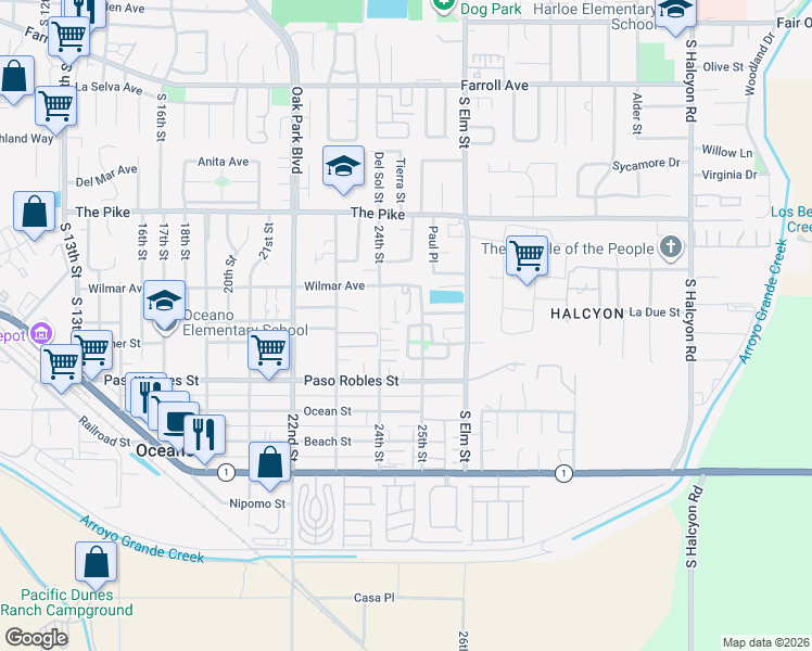 map of restaurants, bars, coffee shops, grocery stores, and more near 1510 Nabal Court in Oceano