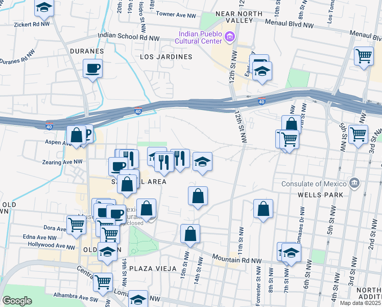 map of restaurants, bars, coffee shops, grocery stores, and more near 1619 Band Saw Drive Northwest in Albuquerque