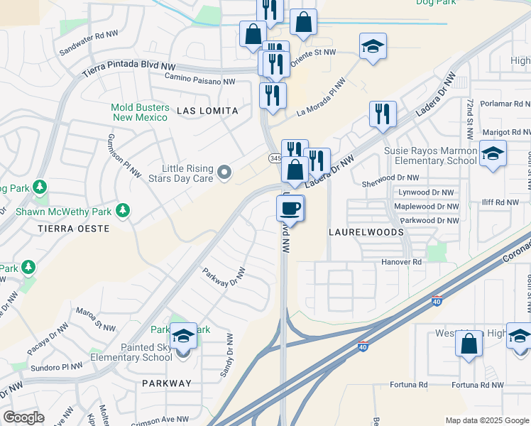 map of restaurants, bars, coffee shops, grocery stores, and more near 1919 Brookhaven Place Northwest in Albuquerque
