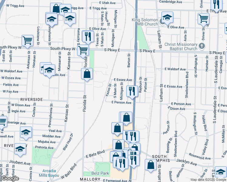 map of restaurants, bars, coffee shops, grocery stores, and more near 1629 South Main Street in Memphis