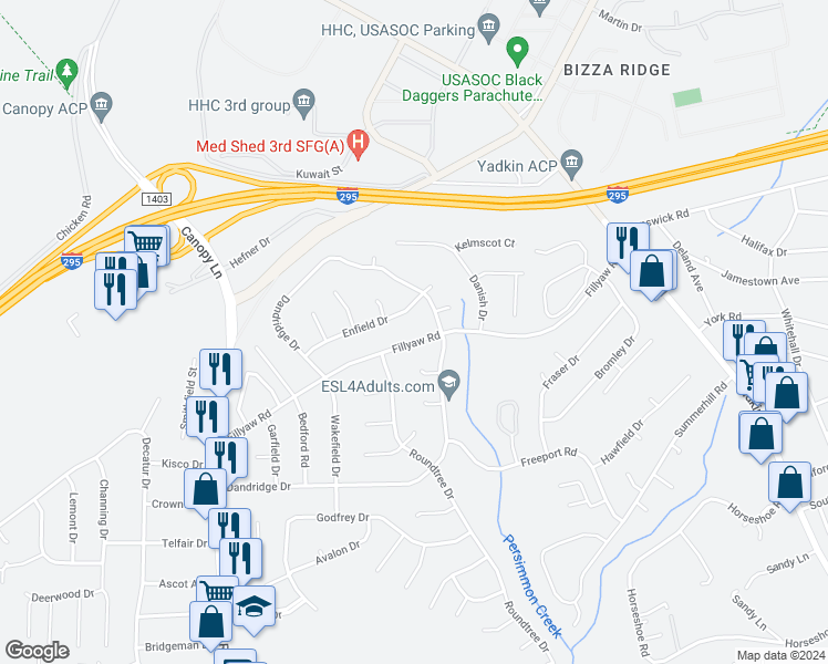 map of restaurants, bars, coffee shops, grocery stores, and more near 7110 Fillyaw Road in Fayetteville